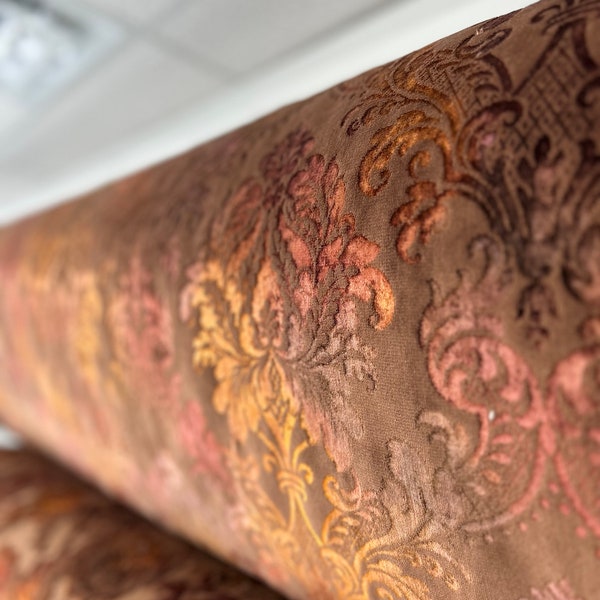 Burnt Orange Floral Patterned Velvet, Boho Rustic Burnout Velvet Fabric By Yard, Luxurious Turkish Velvet Furnishing Fabric Upholstery