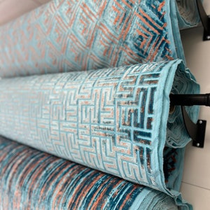 Turquoise Salmon Maze Patterned Velvet, Geometric Cut Velvet Per Yard, Durable Upholstery, Decorative Burnout Velvet Fabric, Non Stretched