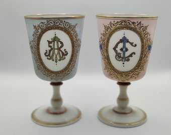 Antique french opaline gilded wedding cups.