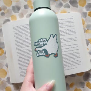 May include: A pale green water bottle with a matching lid, adorned with a sticker saying "stay hydrated you silly goose" and a cartoon goose. An open book lies beside the bottle.