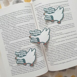 May include: Goose-shaped stickers with the phrases "stay hydrated you" and "silly goose" in teal. The stickers are on a book with text.