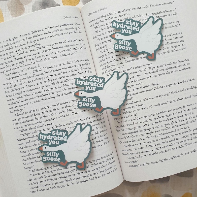 May include: Goose-shaped stickers with the phrases "stay hydrated you" and "silly goose" in teal. The stickers are on a book with text.