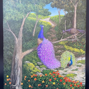Peacocks in a Lush Garden Path - Original Acrylic Painting by Andy E Puerto Rico