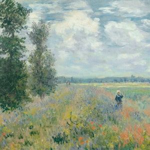 Puede incluir: Pintura impresionista de un campo de flores silvestres bajo un cielo nublado. Altos árboles verdes a la izquierda, y una figura con sombrero blanco en el campo. La firma del artista está en la esquina inferior derecha.