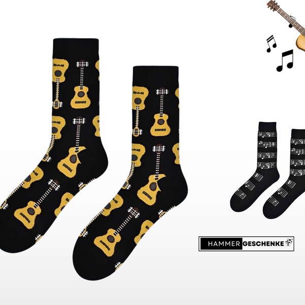 Socken mit Gitarre, Socken mit Noten. Gitarren-Grooves und Socken-Symphonie.  Socken für Musikliebhaber, Männersocken für gute Laune