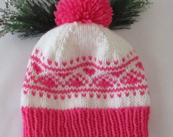 Hand Knit Child's Hat in Nordic Fair Isle Pattern, Acrylic, Pink and White