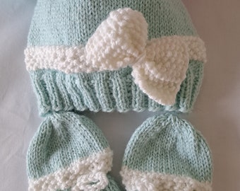 Handmade Knit Baby Hat with Matching Mittens - 0-6 mos.