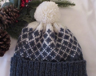 Hand knit hat in Fair Isle Nordic pattern.  100% wool.  Unisex L