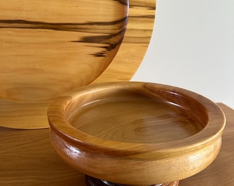 Hand Turned Birch & Walnut Pedestal Bowl Wood Centerpiece