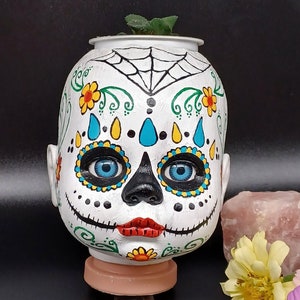 Hand-Painted Sugar Skull Doll Head Planter - Day of the Dead Decor