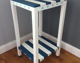 Nautical Blue & White Striped Side Table Hand painted with Fish and Seagulls