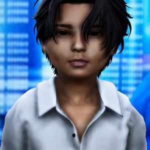 Puede incluir: Un retrato digital de una persona con cabello oscuro en capas y expresión neutra. La persona viste una camisa blanca de manga corta con botones, cuello clásico y pequeños botones negros, sobre un fondo azul brillante y desenfocado.
