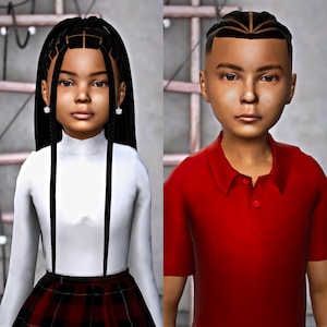 May include: Two children, a girl with long black braids and a boy with a braided hairstyle, are wearing casual clothing. The girl is wearing a white long-sleeved shirt with a red and black plaid skirt. The boy is wearing a red polo shirt.