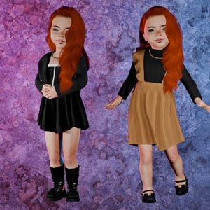 May include: Two figures with long wavy ginger hair. The left figure wears a black long-sleeved top with a white collar detail and a black skirt. The right figure wears a black long-sleeved top under a tan pinafore dress with ruffled straps.