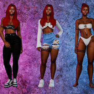 Könnte beinhalten: Drei Outfits werden vor einem lila-blauen Hintergrund gezeigt. Die Outfits umfassen ein schwarzes Crop-Top und eine schwarze Hose, ein weißes Crop-Top mit zerrissenen Jeansshorts und einen weißen Bikini. Alle Outfits werden mit weißen Turnschuhen kombiniert.