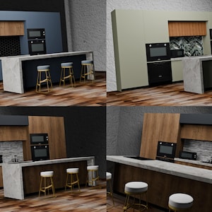 May include: A composite image showing four kitchen designs featuring cabinetry, built-in black ovens, and microwaves. Each kitchen includes a central island with a marble-look countertop and three stools with gold-toned metal legs and white seats.
