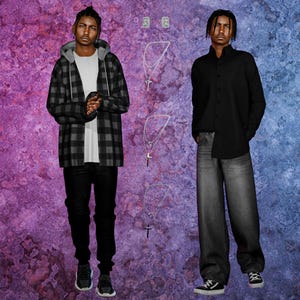 May include: Two digital avatars showcasing clothing and accessories. The left avatar wears a grey and black plaid hooded jacket over a white shirt with black trousers and trainers. The right avatar wears a black button-down shirt with grey jeans and trainers. Includes three silver necklaces and small earrings.
