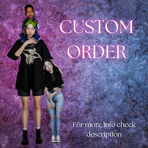 Puede incluir: Una ilustración digital con tres figuras: un adulto con cabello verde que viste una camiseta negra con un gráfico de esqueleto, lleva a un niño sobre sus hombros y está junto a otro niño. El texto dice CUSTOM ORDER y For more info check description.