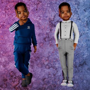 May include: A toddler wearing a navy blue Adidas hooded sweatshirt and matching sweatpants with white stripes, alongside a toddler wearing a white long-sleeved button-down shirt, grey trousers, and black suspenders, both with dark braided hair.