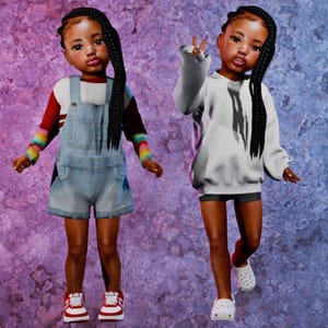 Puede incluir: Se muestran dos muñecas con largas trenzas negras. Una muñeca lleva un peto vaquero, una camisa roja y blanca y zapatillas rojas. La otra muñeca lleva una sudadera con capucha blanca, pantalones cortos negros y zuecos blancos. El fondo es un degradado morado y azul.