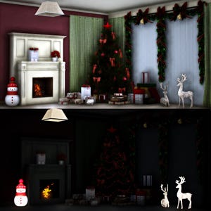 May include: A festive Christmas scene with a decorated tree, fireplace, and wrapped gifts. The tree is adorned with red bows and a star. A snowman figure and decorative reindeer add to the holiday ambiance. The room is lit by a lamp and fireplace.