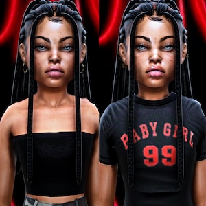 May include: A digital illustration of a character with dark braided hair, light eyes, and freckles. The left side shows a black strapless top and camouflage trousers. The right side shows a black t-shirt with the red text BABY GIRL 99.