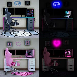 Pode incluir: Configuração de jogos com uma cadeira de jogos preta e cinza, monitores duplos e um PC personalizado. A mesa tem iluminação LED. O quarto é decorado com arte de parede com tema de jogos e um tapete em forma de nuvem.