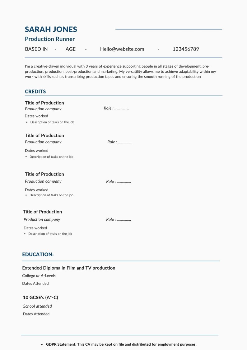 Production Runner CV Template Instant Download Printable Etsy