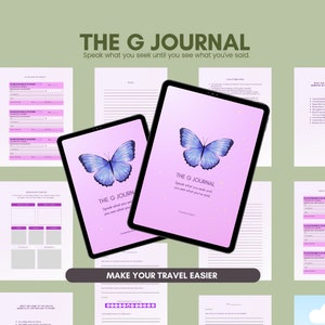 May include: Two tablets displaying "The G Journal" with a butterfly graphic. The tablets have a pink background and the text "Speak what you seek until you see what you've said." Surrounding the tablets are journal pages.
