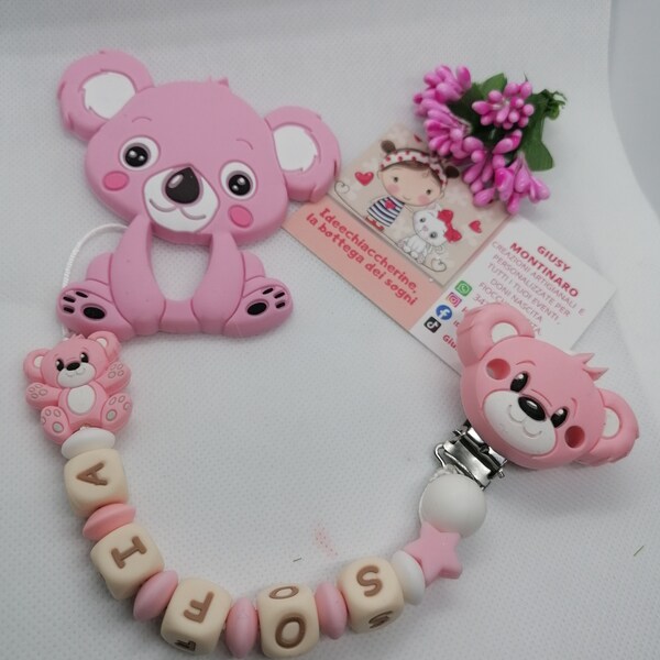 Sofia silicone chain, Sofia pacifier holder, pink teddy clip, silicone soother chain, pink pacifier holder, Sofia name chain,