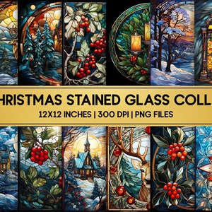 Könnte beinhalten: Eine Sammlung von 12 digitalen Buntglasbildern mit Weihnachtsmotiven. Die Bilder zeigen eine Kirche, einen Hirsch, Stechpalme, einen Kamin und eine Kerze. Die Bilder sind 30,5x30,5 cm groß und haben 300 DPI.