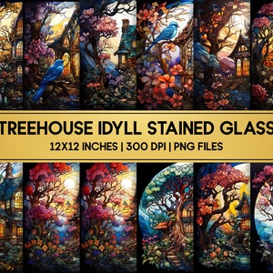 Treehouse Idyll Stained Glass Collection / Digital Paper / Stained Glass Bundle / Sublimation Designs / PNG / 12x12 inches