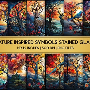 Nature Inspirierte Symbole Glasmalerei Coll. / Baum des Lebens / Digitales Papier / Stain Glass Bundle / Sublimation Designs / PNG / 12x12 inches