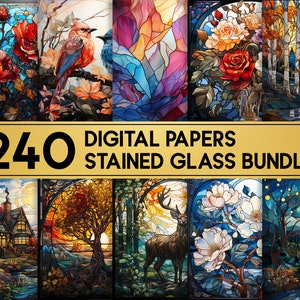 May include: A collection of 240 digital papers featuring stained glass designs. The designs include a variety of subjects, such as flowers, birds, landscapes, and abstract patterns. The papers are perfect for crafting, scrapbooking, and other creative projects.