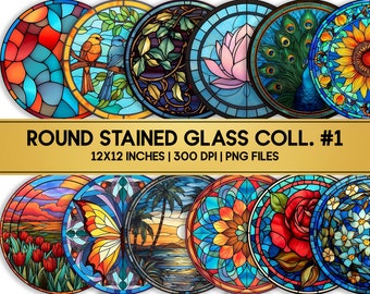 Stained Glass Round PNG Bundle, Floral & Nature Designs (Digital Paper)
