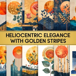 Heliocentrisch schilderij met gouden strepen en oranje zon – zachte geometrische kunst / 12 digitaal papier / png / 40 x 50 inch
