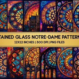 Buntglas-Notre-Dame-Kathedrale-Muster / 12 digitale Papiere / Stain Glass Patterns Bündel / Sublimationsdesigns / PNG / 12x12 Zoll