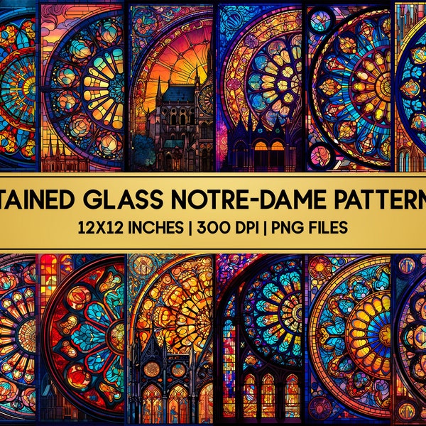 Stained Glass Notre Dame Cathedral Patterns / 12 Digital Papers / Stain Glass Patterns Bundle / Sublimation Designs / PNG / 12x12 inches