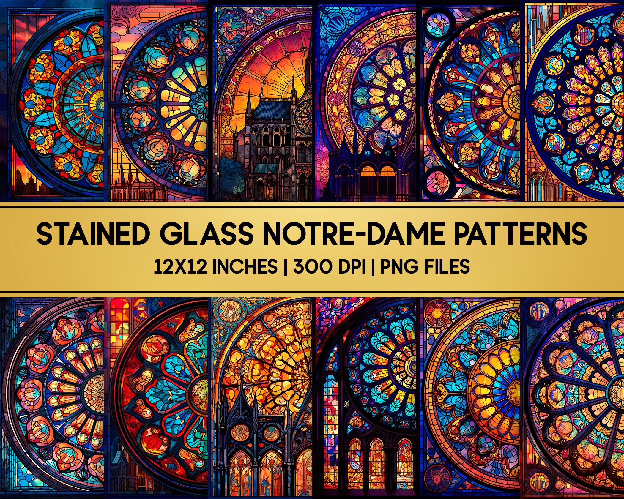 Stained Glass Notre Dame Patterns, 12 PNG Digital Papers (12x12