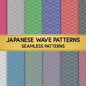 Peut inclure: Un ensemble de 12 motifs sans couture présentant des motifs d'ondes japonaises dans différentes couleurs, notamment rose, gris, vert, bleu, rouge, noir, blanc, bleu clair, gris, violet, bleu foncé et rose. Les motifs sont étiquetés "Japanese Wave Patterns Seamless Patterns".