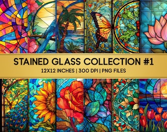 Stained Glass Digital Paper Set, Suncatcher Designs (12x12 PNG)