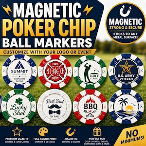 May include: A collection of eight round magnetic poker chip ball markers with various graphic designs including logos, a fire department emblem, a golfer, a veteran star, a shamrock, a mustache, a BBQ theme, and a tropical sunset scene.