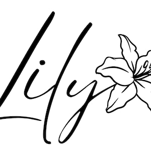 May include: Black and white illustration of the word "Lily" with a stylized lily flower.