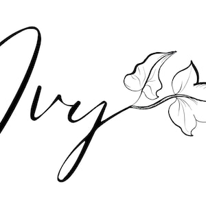 Puede incluir: Una ilustración en blanco y negro de la palabra "Ivy" en escritura cursiva con un diseño estilizado de hoja de hiedra.