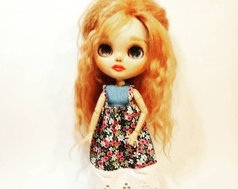 Blythe sundress Blythe denim dress with floral print Blythe clothes Blythe dress Blythe outfit Licca  dress