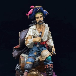 Handmade Cold Cast Resin Pirate Sculpture with Treasure