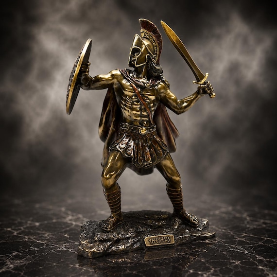 テセウスのギリシャ戦士像 - ブロンズ仕上げの神話の置物、剣と盾の