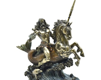 Greek God Poseidon Statue, Neptune Riding Seahorse Hippocampus, Bronze Finish Mythology Art Decor
