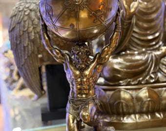 Greek Titan Atlas Statue, Celestial Globe Carrier Sculpture, Ancient Mythology Office Decor