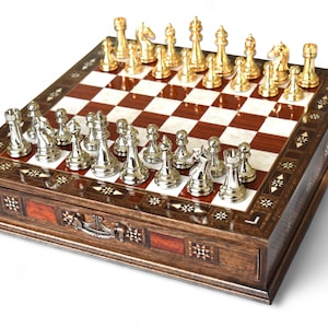 Handmade Wooden Chess Set with Metal Pieces & Storage - 15&#39;&#39;